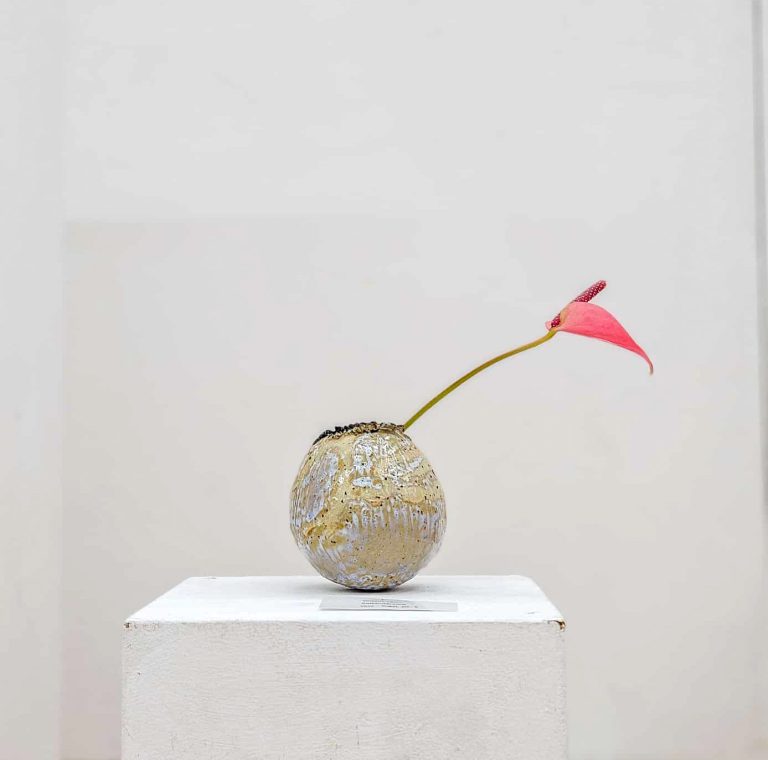 Ausstellungsstück Keramik Minimalistisches Stillleben mit Keramikvase und rotem Blütenelement, fotografiert für die Galerie-Werkstatt Knechtsteden